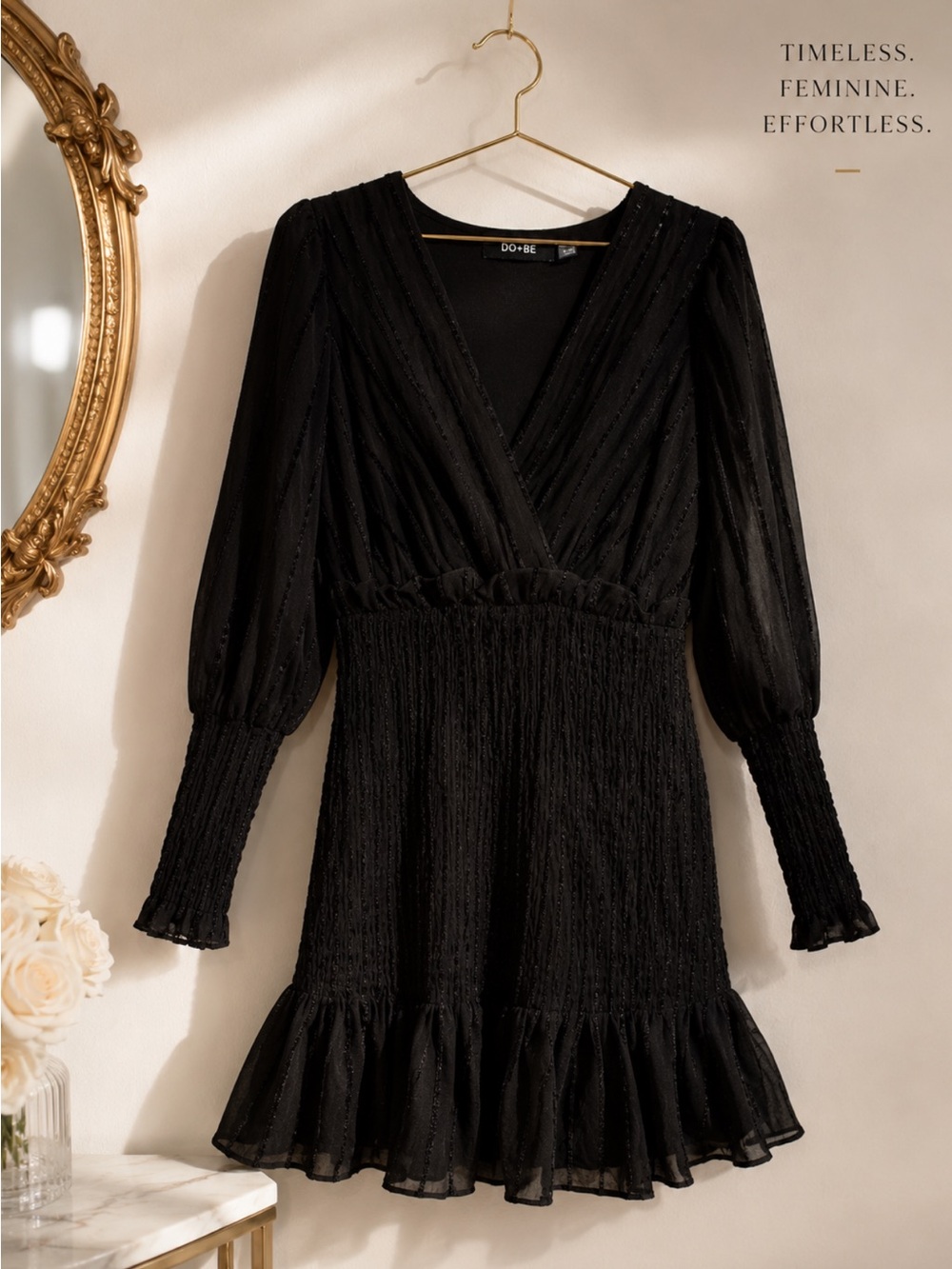 Elegant Black Smocked Chiffon Mini Dress | Feminine Cocktail Party Dress